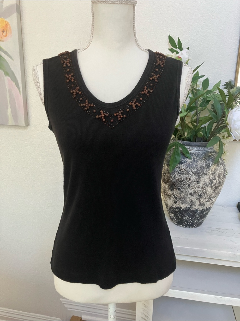 Y2k Jason Maxwell Black Sleeveless Tank with Brown Boho Beaded V-Neck